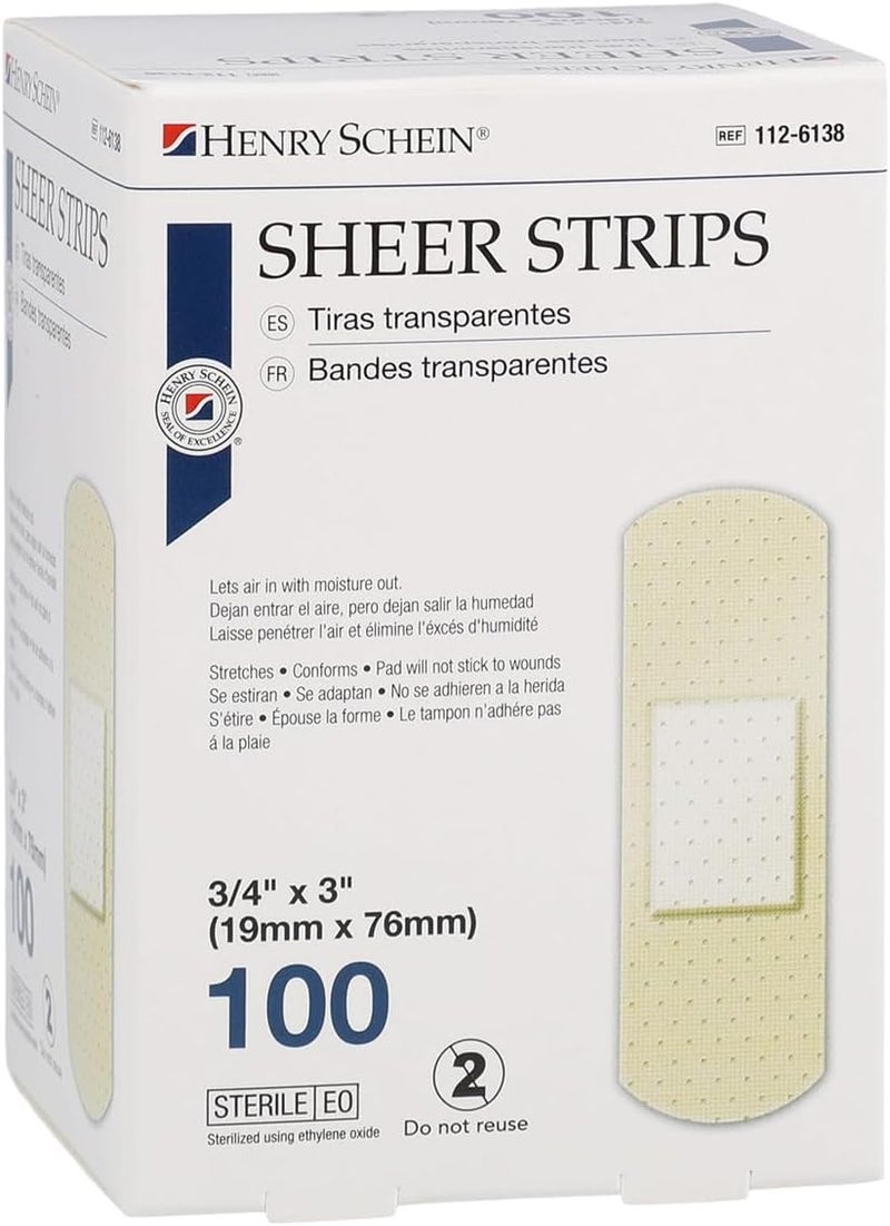 Henry Schein Adhesive Sheer Bandage Strips 34 x 3 Sterile Box of 100 Bandages - Image 1