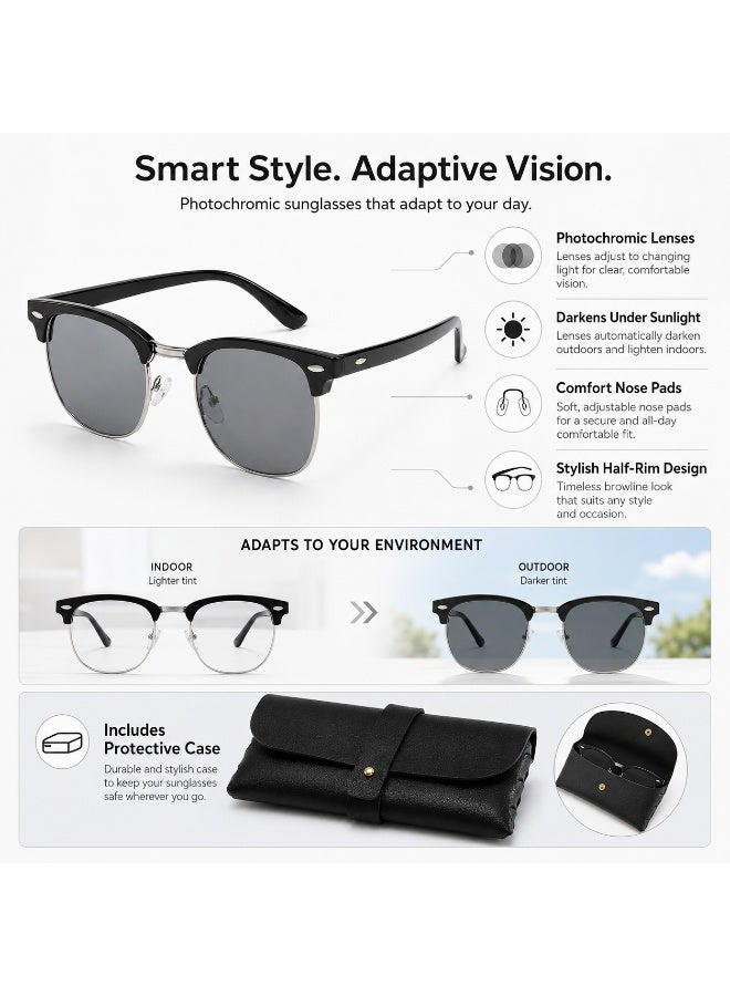Photochromic Half Rim Sunglasses with Protective Case,  Black - Image 3