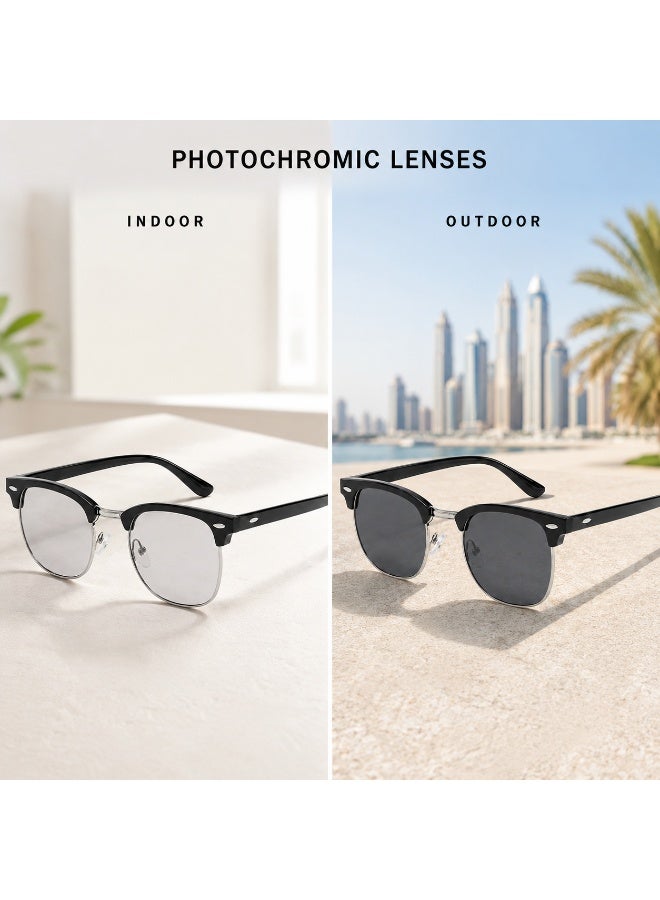Unisex Photochromic UV400 Half-Rim Sunglasses with Protective Case, Black - Image 2