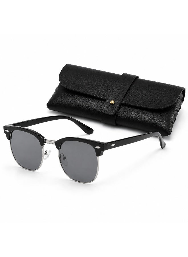 Unisex Photochromic UV400 Half-Rim Sunglasses with Protective Case, Black - Image 1