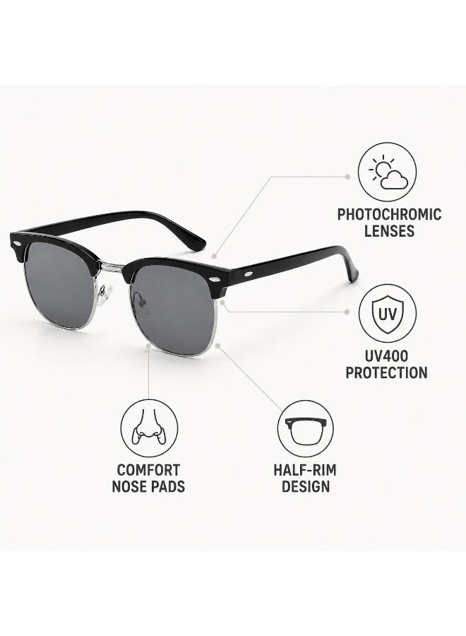 Unisex Photochromic UV400 Half-Rim Sunglasses with Protective Case, Black - Image 4