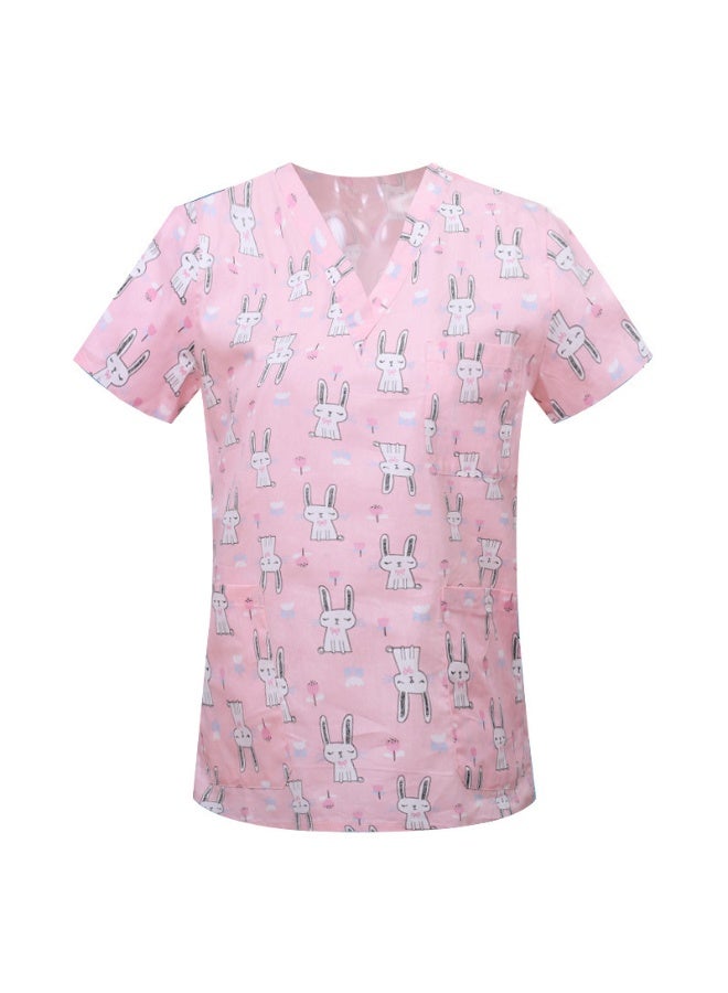 Loquat Womens Medical Scrubs Single Top Medical Uniform Single Printed Top Rabbit Print on Pink Background - Image 1