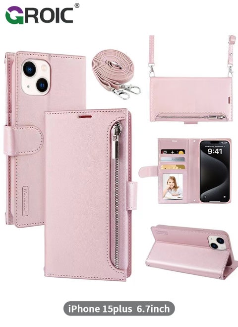 iPhone 15 Plus Case,Wallet Case Compatible with iPhone 15 Plus, Zipper Case with RFID Blocking Card Holder Slots, Flip PU Leather Phone Shell Shockproof Cover for iPhone 15 Plus 6.7 Inch