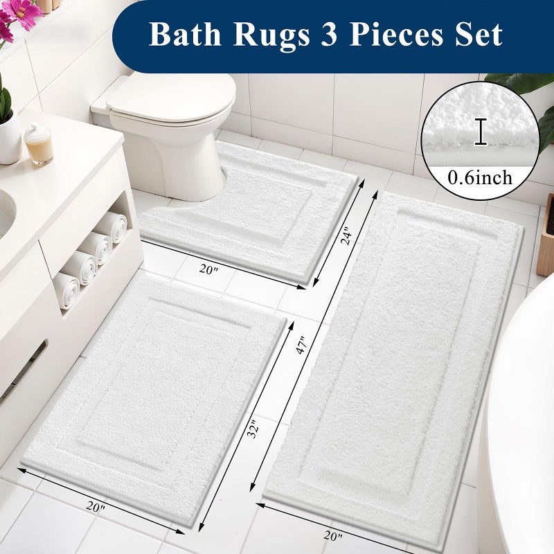 SHACOS White Bathroom Rugs Sets 3 Piece, 20"x32" + 20"x47" Non Slip Bath Mat and 20"x24" Toilet Rugs U Shaped Washable, Soft Fluffy Water Absorbent Bathroom Floor Mat - Image 2