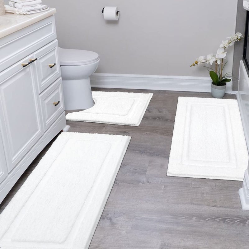 SHACOS White Bathroom Rugs Sets 3 Piece, 20"x32" + 20"x47" Non Slip Bath Mat and 20"x24" Toilet Rugs U Shaped Washable, Soft Fluffy Water Absorbent Bathroom Floor Mat - Image 1