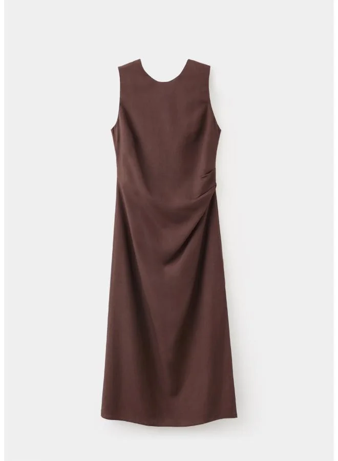 Mango dark brown Side Ruched Dress With Tie Detail for Women | Best Price UAE