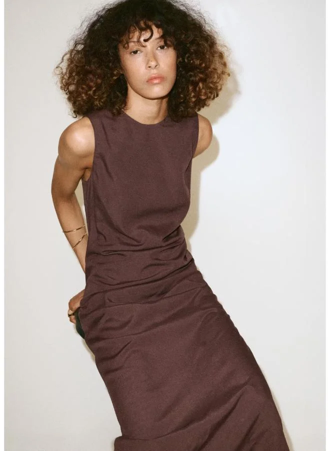 Mango dark brown Side Ruched Dress With Tie Detail for Women | Best Price UAE