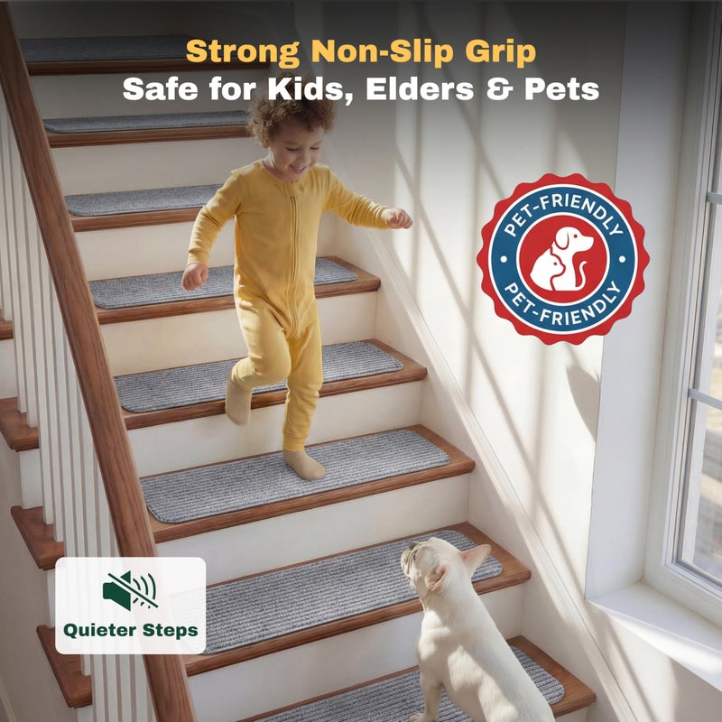 MBIGM 8" X 30" (15 in Pack) Non-Slip Carpet Stair Treads Non-Skid Safety Rug Slip Resistant Indoor Runner for Kids Elders & Pets with Reusable Adhesive - Light Gray - Carpet Pads for Stairs - Image 4