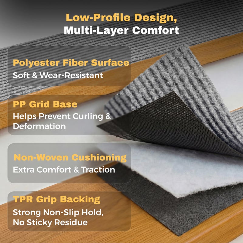 MBIGM 8" X 30" (15 in Pack) Non-Slip Carpet Stair Treads Non-Skid Safety Rug Slip Resistant Indoor Runner for Kids Elders & Pets with Reusable Adhesive - Light Gray - Carpet Pads for Stairs - Image 3