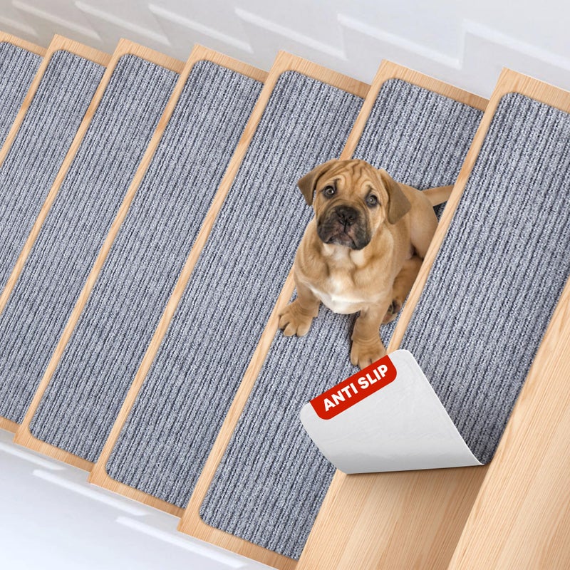 MBIGM 8" X 30" (15 in Pack) Non-Slip Carpet Stair Treads Non-Skid Safety Rug Slip Resistant Indoor Runner for Kids Elders & Pets with Reusable Adhesive - Light Gray - Carpet Pads for Stairs - Image 1