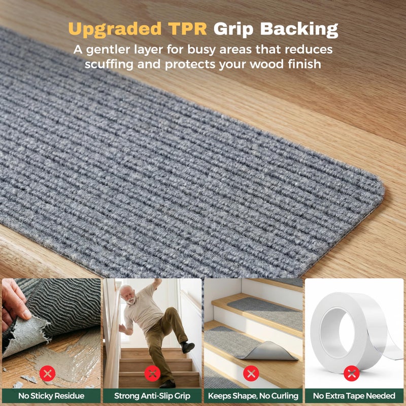MBIGM 8" X 30" (15 in Pack) Non-Slip Carpet Stair Treads Non-Skid Safety Rug Slip Resistant Indoor Runner for Kids Elders & Pets with Reusable Adhesive - Light Gray - Carpet Pads for Stairs - Image 5