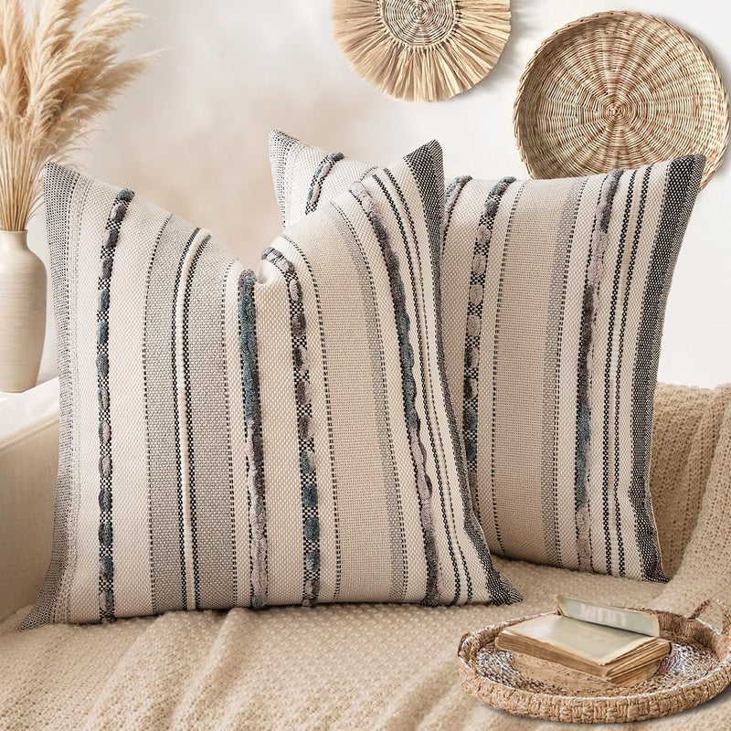 ANRODUO Pack of 2 Boho Decorative Throw Pillow Covers 18x18 Farmhouse Cushion Case Striped Chenille Pillow Cases Square Pillow Covers Accent Neutral Pillowcase for Sofa Couch Bed, Gray Stripe - Image 1