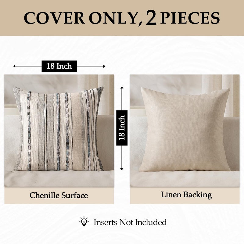 ANRODUO Pack of 2 Boho Decorative Throw Pillow Covers 18x18 Farmhouse Cushion Case Striped Chenille Pillow Cases Square Pillow Covers Accent Neutral Pillowcase for Sofa Couch Bed, Gray Stripe - Image 4