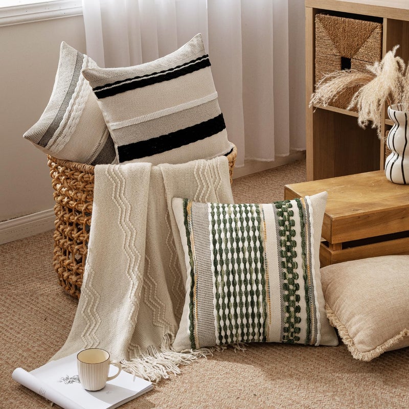 ANRODUO Pack of 2 Boho Decorative Throw Pillow Covers 18x18 Farmhouse Cushion Case Striped Chenille Pillow Cases Square Pillow Covers Accent Neutral Pillowcase for Sofa Couch Bed, Gray Stripe - Image 3