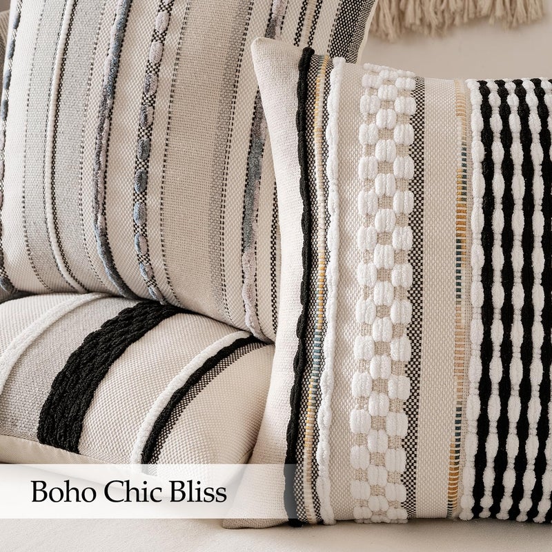 ANRODUO Pack of 2 Boho Decorative Throw Pillow Covers 18x18 Farmhouse Cushion Case Striped Chenille Pillow Cases Square Pillow Covers Accent Neutral Pillowcase for Sofa Couch Bed, Gray Stripe - Image 5