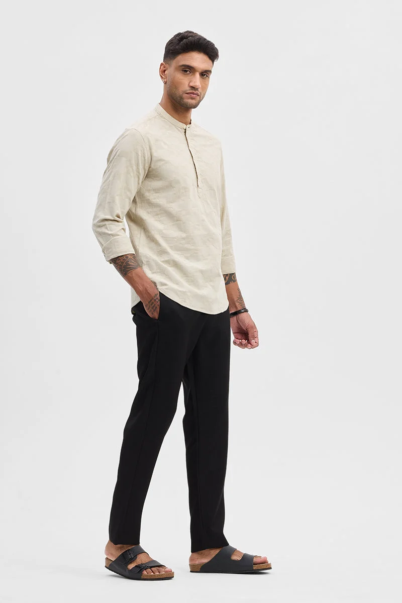 سنيتش Cream Geometric Long Sleeve Slim Fit Casual Shirt