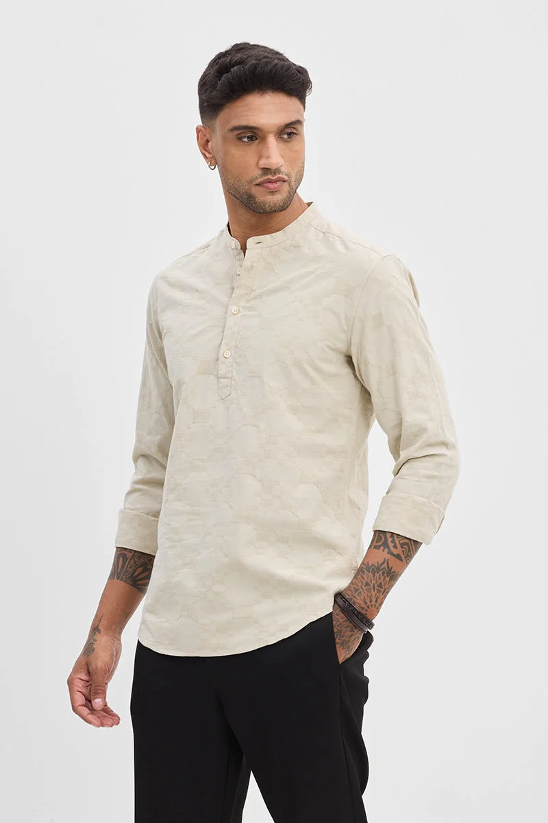 Cream Geometric Long Sleeve Slim Fit Casual Shirt