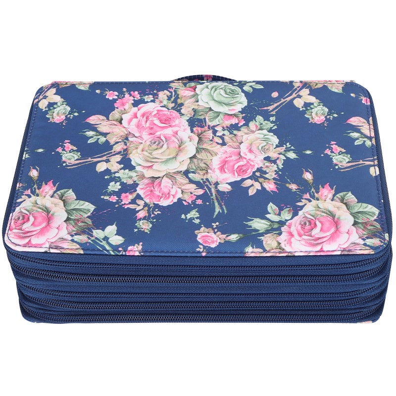 Pencil Case Rose Printed Multi Layer Zipper 252 Slots Portable Pen Holder Storage Pocket(Blue Background Rose ) - Image 4