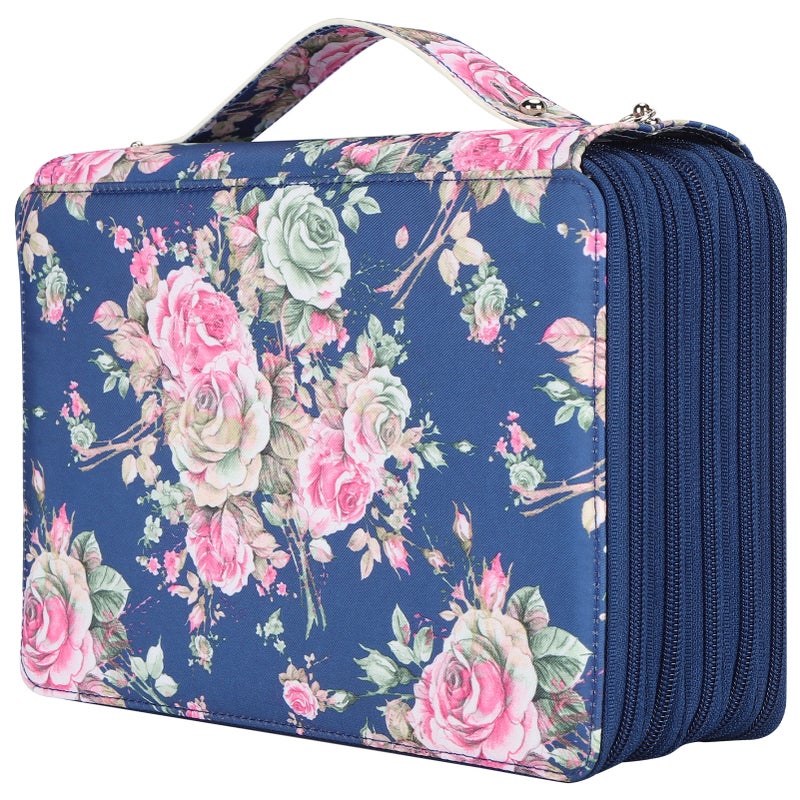 Pencil Case Rose Printed Multi Layer Zipper 252 Slots Portable Pen Holder Storage Pocket(Blue Background Rose ) - Image 3