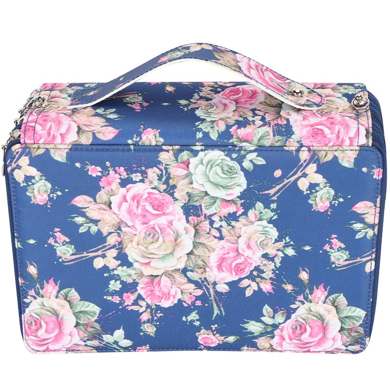 Pencil Case Rose Printed Multi Layer Zipper 252 Slots Portable Pen Holder Storage Pocket(Blue Background Rose ) - Image 2