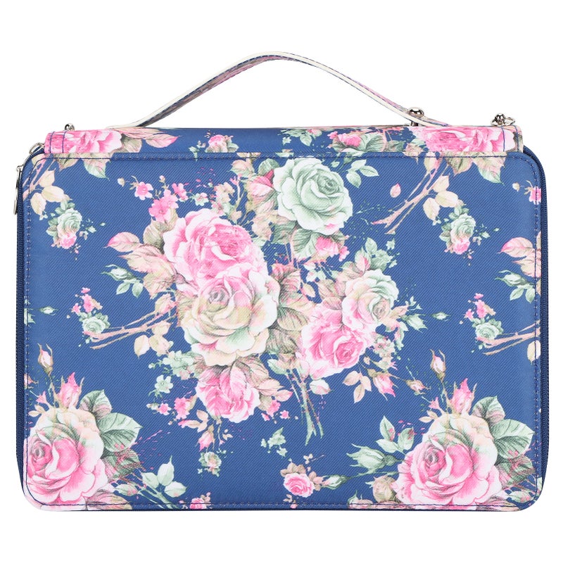 Pencil Case Rose Printed Multi Layer Zipper 252 Slots Portable Pen Holder Storage Pocket(Blue Background Rose ) - Image 1