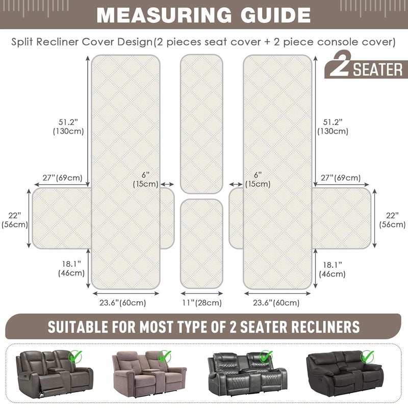 TAOCOCO Loveseat Recliner Cover with Center Console 100 Waterproof Pet Cover for Dual Recliner with Straps Design Split Reclining Loveseat Cover Furniture PetKids Protector 2 Seater Light Brown - Image 5