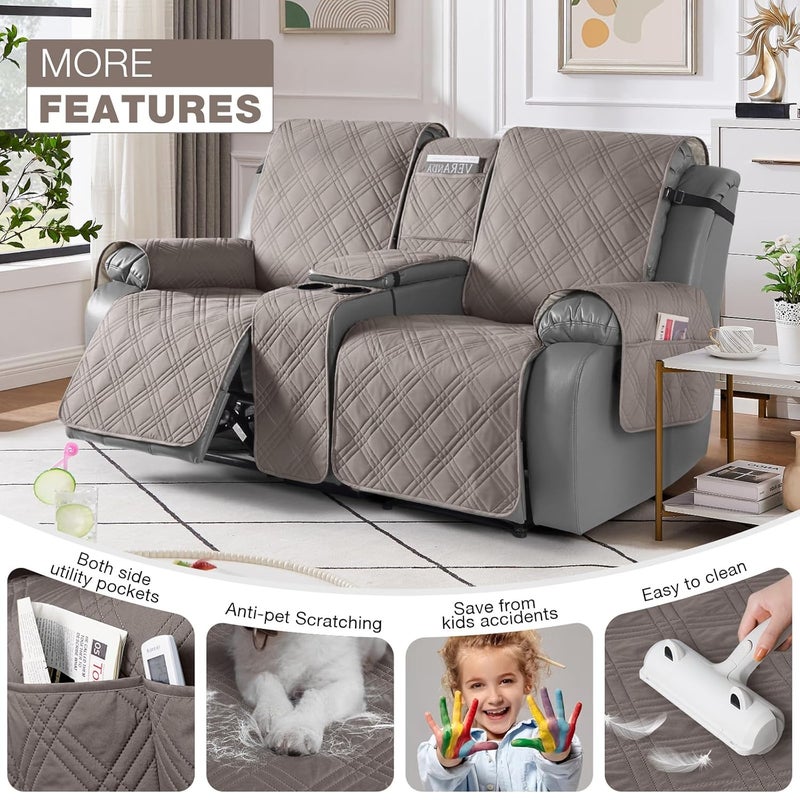 TAOCOCO Loveseat Recliner Cover with Center Console 100 Waterproof Pet Cover for Dual Recliner with Straps Design Split Reclining Loveseat Cover Furniture PetKids Protector 2 Seater Light Brown - Image 3