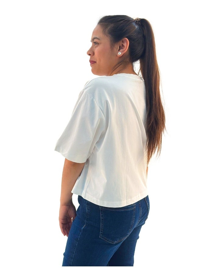 JOANNA تي شيرت نسائي بأكمام قصيرة بياقة دائرية واسعة من جوانا 193297 - أبيض - L - Image 2