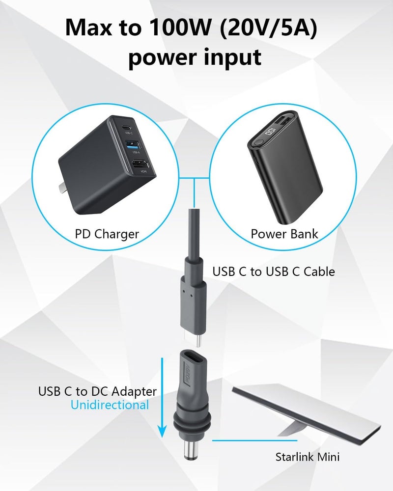 CERRXIAN 2 Pack USB C to DC 55mm x 21mm Power Adapter for Starlink Mini PD100W USB C Female to DC5521 Male Connector Charge Barrel Jack Power Adapter for Starlink Mini Replacement Waterproof Cable - Image 4