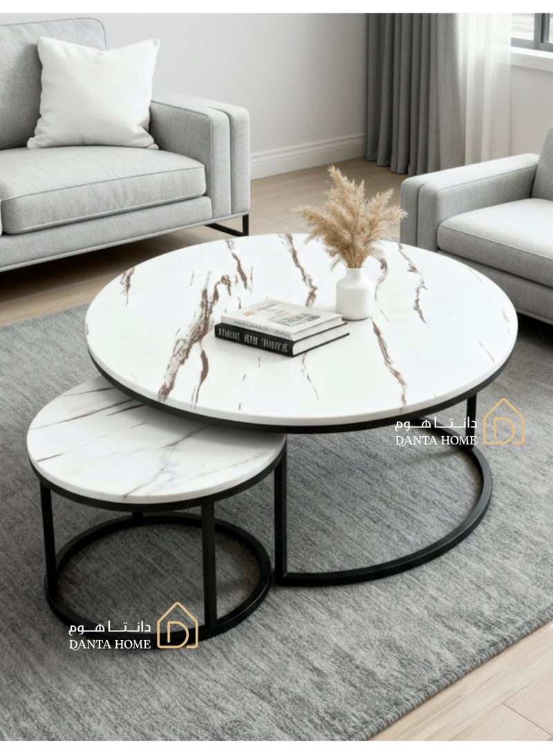 DANTA HOME Nesting Coffee Table Set (2 Pieces) - Modern Round Design Combining Wood and Metal, Perfect for Living Room and Guest Room - White Marble - Image 1