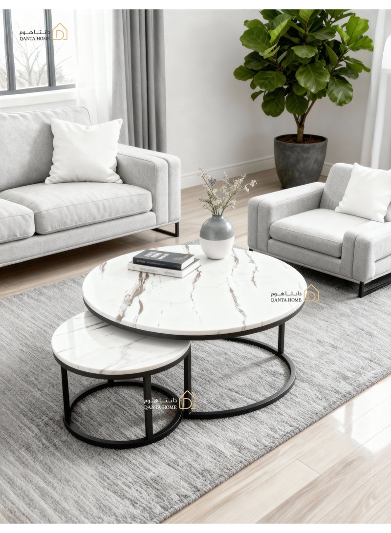 DANTA HOME Nesting Coffee Table Set (2 Pieces) - Modern Round Design Combining Wood and Metal, Perfect for Living Room and Guest Room - White Marble - Image 2