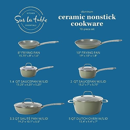 Sur La Table Kitchen Essentials 10 Piece PFA Free Non-Toxic Titanium Ceramic Nonstick Interior Forged Aluminum Cookware Pots and Pans Set - Green - Induction Compatible - Image 2