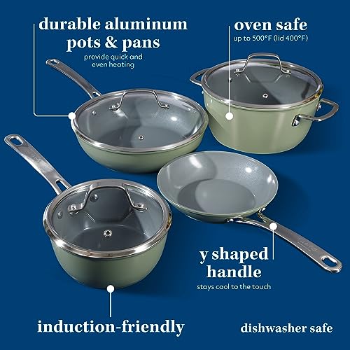 Sur La Table Kitchen Essentials 10 Piece PFA Free Non-Toxic Titanium Ceramic Nonstick Interior Forged Aluminum Cookware Pots and Pans Set - Green - Induction Compatible - Image 3