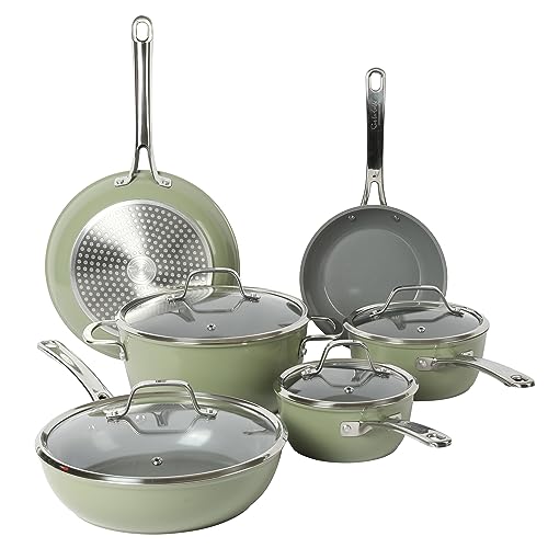 Sur La Table Kitchen Essentials 10 Piece PFA Free Non-Toxic Titanium Ceramic Nonstick Interior Forged Aluminum Cookware Pots and Pans Set - Green - Induction Compatible - Image 1