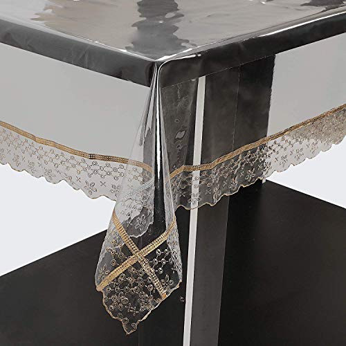 Oriental Weavers OrientalWeavers Smoke Shiny Transparent Rectangular Table Cover with White Golden Border - Waterproof PVC Dining Table Protector Cloth (60x90In) Rectangle 6 Seater Large - Image 1