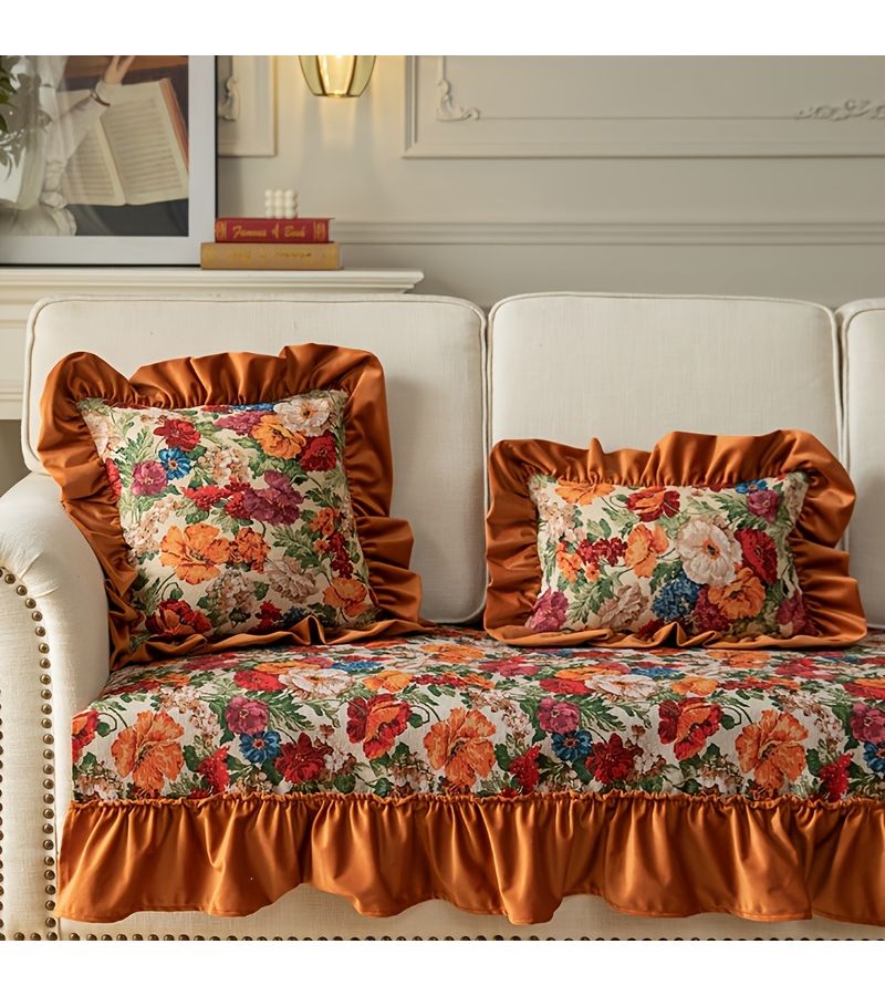 1pc Floral Waist Pillow With Core Orange American Style Vintage Ruffled Linen Lumbar Cushion For Living Room Sofa Decoration Car Backrest Support - Image 4