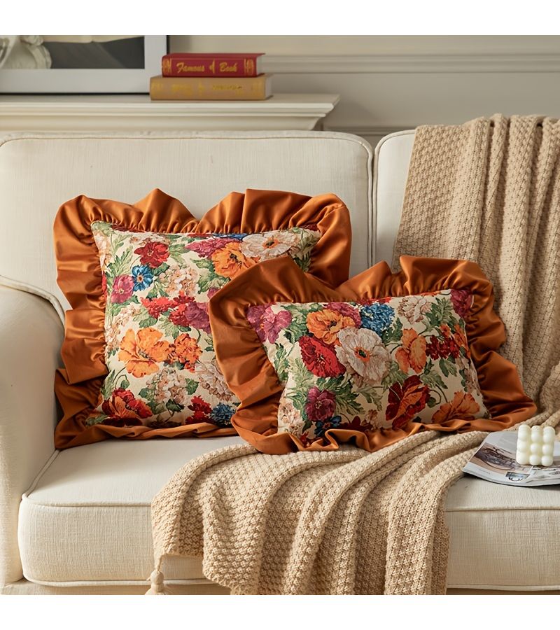 1pc Floral Waist Pillow With Core Orange American Style Vintage Ruffled Linen Lumbar Cushion For Living Room Sofa Decoration Car Backrest Support - Image 1
