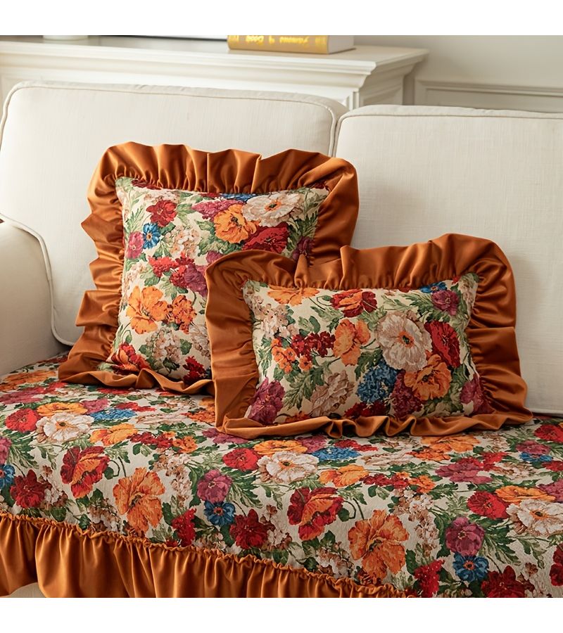 1pc Floral Waist Pillow With Core Orange American Style Vintage Ruffled Linen Lumbar Cushion For Living Room Sofa Decoration Car Backrest Support - Image 5
