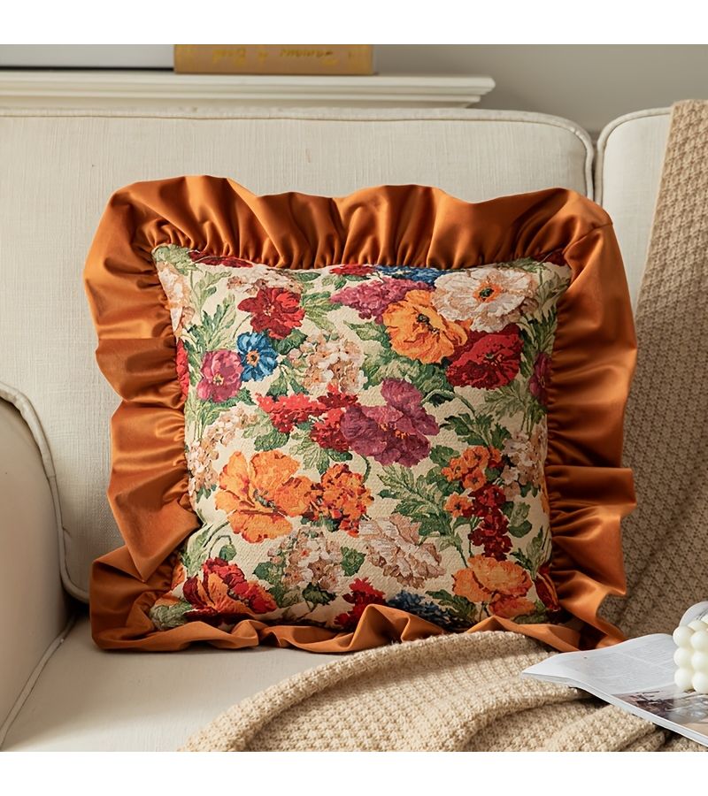 1pc Floral Waist Pillow With Core Orange American Style Vintage Ruffled Linen Lumbar Cushion For Living Room Sofa Decoration Car Backrest Support - Image 2
