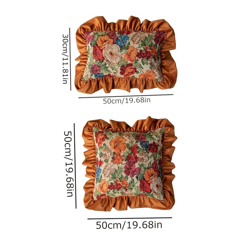 1pc Floral Waist Pillow With Core Orange American Style Vintage Ruffled Linen Lumbar Cushion For Living Room Sofa Decoration Car Backrest Support - Image 3