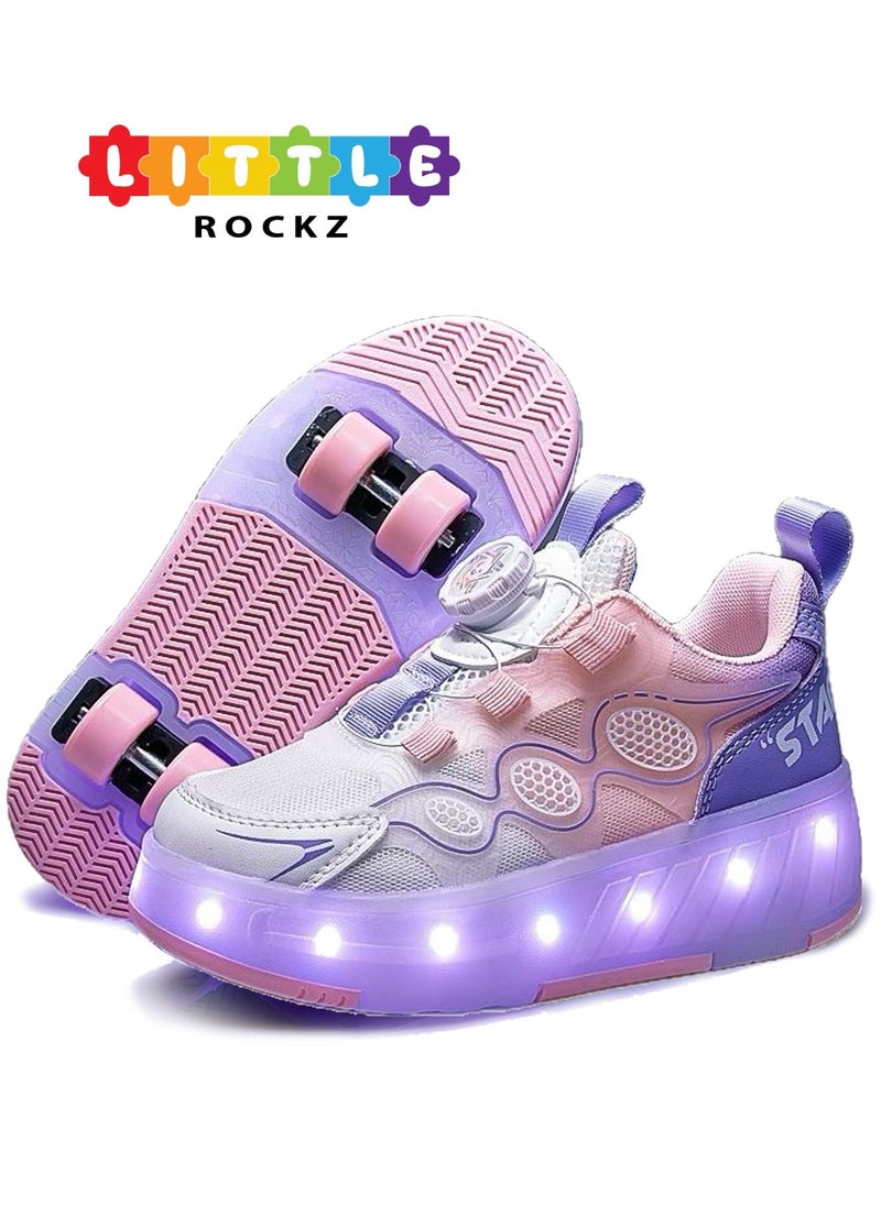 LITTLE ROCKZ Kids Four Wheel Roller Shoes Rechargeable LED Flash Light Sneaker Skate Heelys Shoes Pink  - Image 1