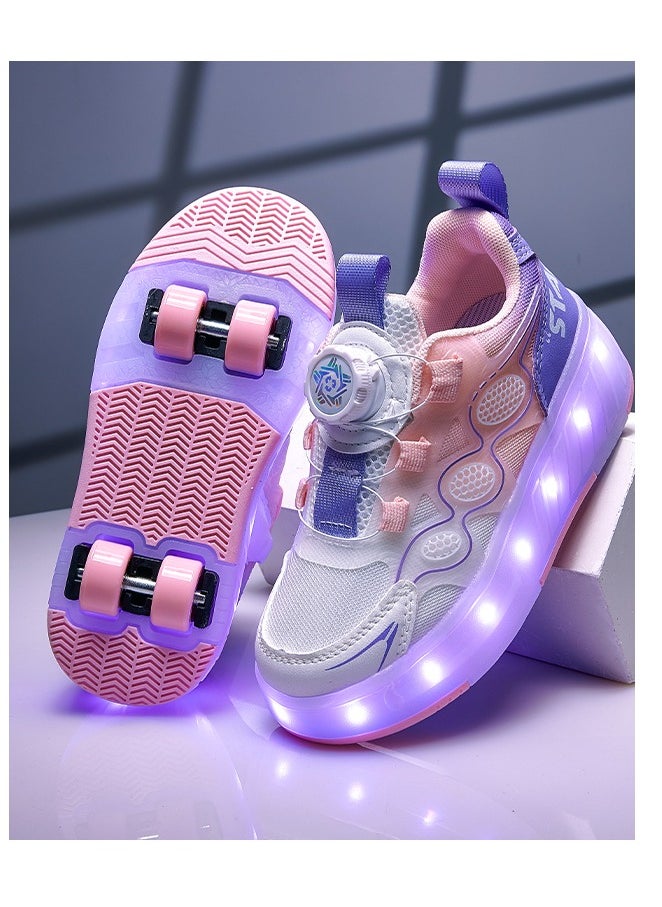 LITTLE ROCKZ Kids Four Wheel Roller Shoes Rechargeable LED Flash Light Sneaker Skate Heelys Shoes Pink  - Image 2