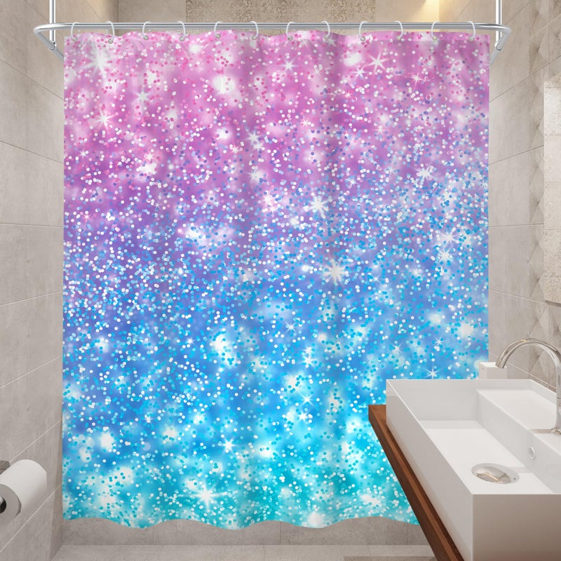 Cinbloo Cinbloo Kids Ombre Teal Shower Curtain 60Wx72H (Not Glitter) Colorful Turquoise Purple Shower Curtain for Girl Women Rainbow Polka Dots Mermaid Not Sparkle Pink Bathroom Decor Fabric with 12 Hook - Image 4