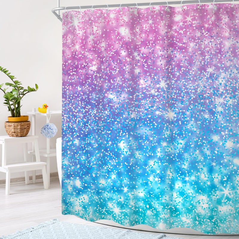 Cinbloo Cinbloo Kids Ombre Teal Shower Curtain 60Wx72H (Not Glitter) Colorful Turquoise Purple Shower Curtain for Girl Women Rainbow Polka Dots Mermaid Not Sparkle Pink Bathroom Decor Fabric with 12 Hook - Image 3