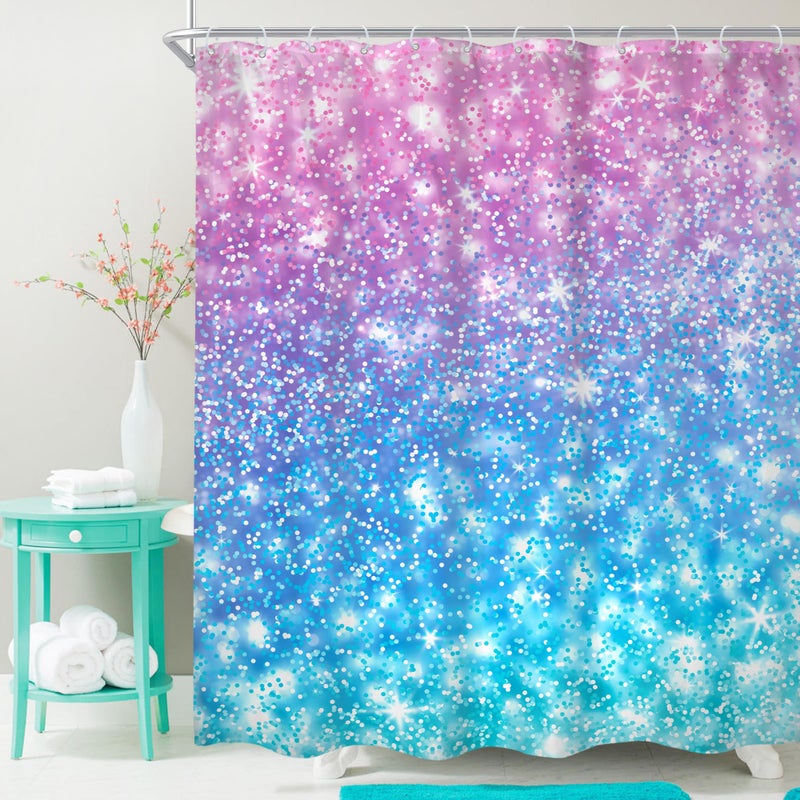 Cinbloo Cinbloo Kids Ombre Teal Shower Curtain 60Wx72H (Not Glitter) Colorful Turquoise Purple Shower Curtain for Girl Women Rainbow Polka Dots Mermaid Not Sparkle Pink Bathroom Decor Fabric with 12 Hook - Image 1