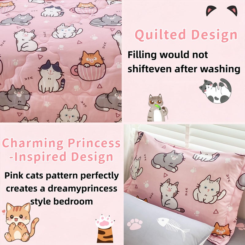 Gusuhome 7 Piece Girls Cat Comforter Set Full Size Bed in A Bag Pink Cute Cartoon Pet Cats Bedding Set for Kids Boys Teens (1 Comforter, 1 Flat Sheet, 1 Fitted Sheet, 4 Pillow Sham) Gray - Image 4