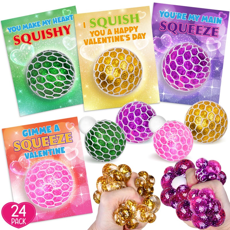 spring flower SpringFlower 24 Pack Valentines Day CardValentines Day with Squeeze Stretch Fidget Toy BallKids School Classroom Valentines Card Gifts Exchange Valentine Party Favors Prize for Kids - Image 3