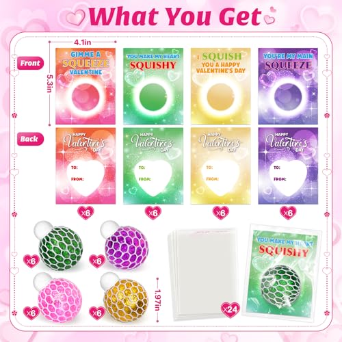 spring flower SpringFlower 24 Pack Valentines Day CardValentines Day with Squeeze Stretch Fidget Toy BallKids School Classroom Valentines Card Gifts Exchange Valentine Party Favors Prize for Kids - Image 5