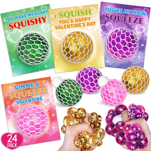 spring flower SpringFlower 24 Pack Valentines Day CardValentines Day with Squeeze Stretch Fidget Toy BallKids School Classroom Valentines Card Gifts Exchange Valentine Party Favors Prize for Kids - Image 1