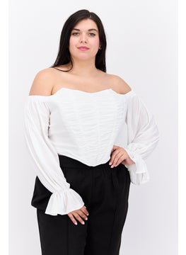 Women Plus Size Off Shoulder Long Sleeve Solid Top, White